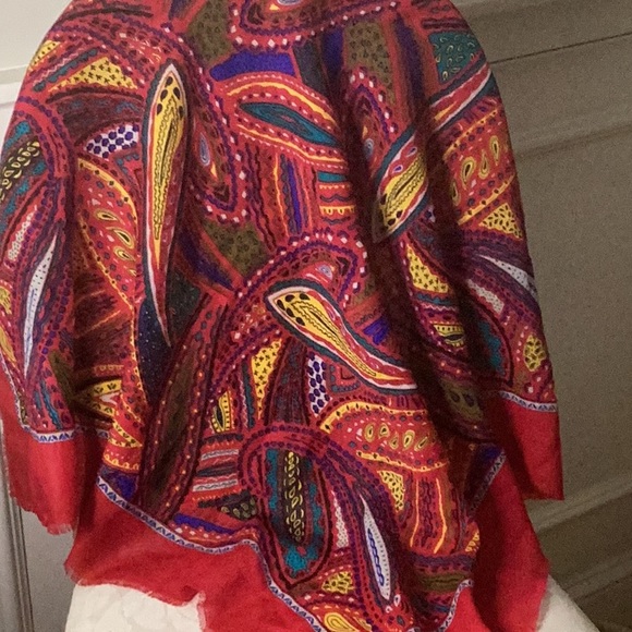 JAGO 100% lightweight wool scarf 34 inch square RED paisley print bright colors - Picture 2 of 13